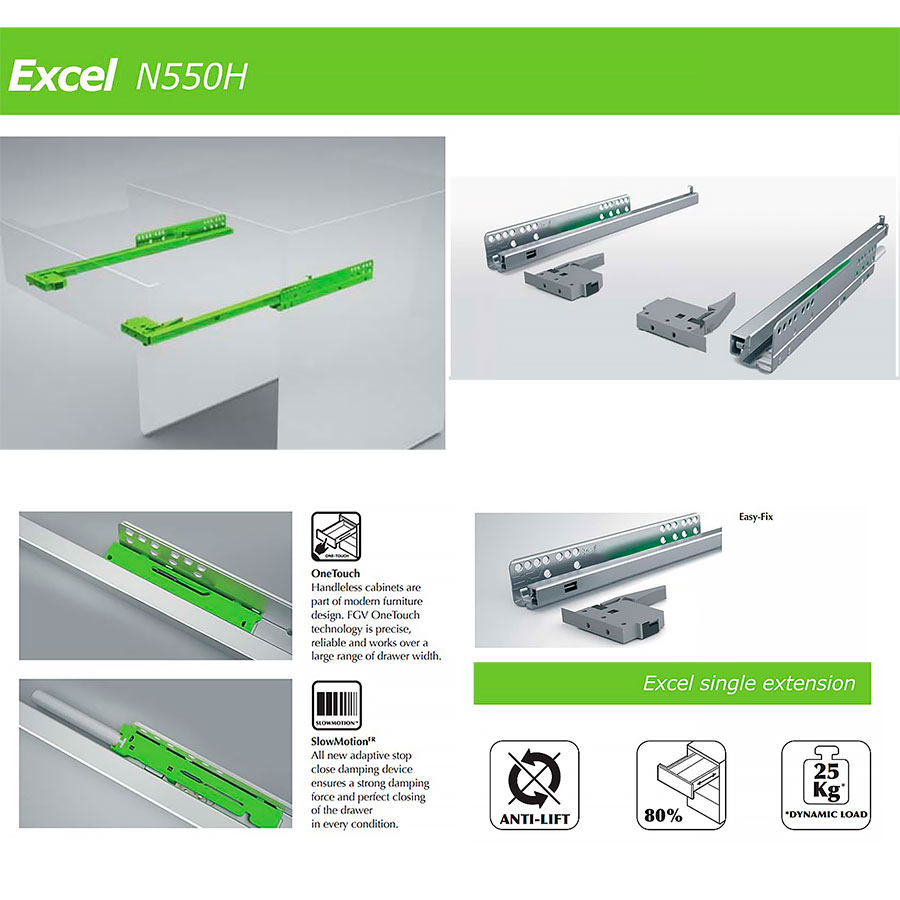 Направляющие скрытые Excel N550H 510 мм неполного выдвижения с доводчиком и фиксатором FGV