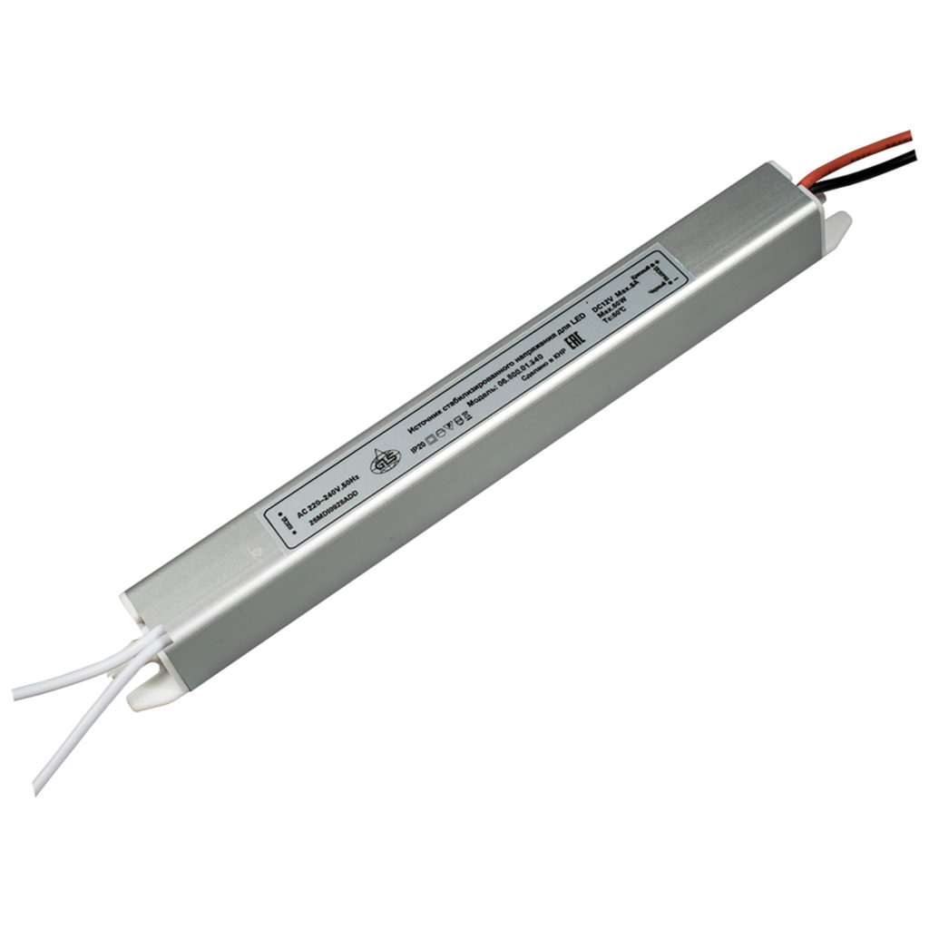 Источник питания стаб. напр. для LED, 12В, max 60Вт, IP20, вх.180-260В, с защ. от КЗ,алюм.корп. 312х18х18мм, провод 25см