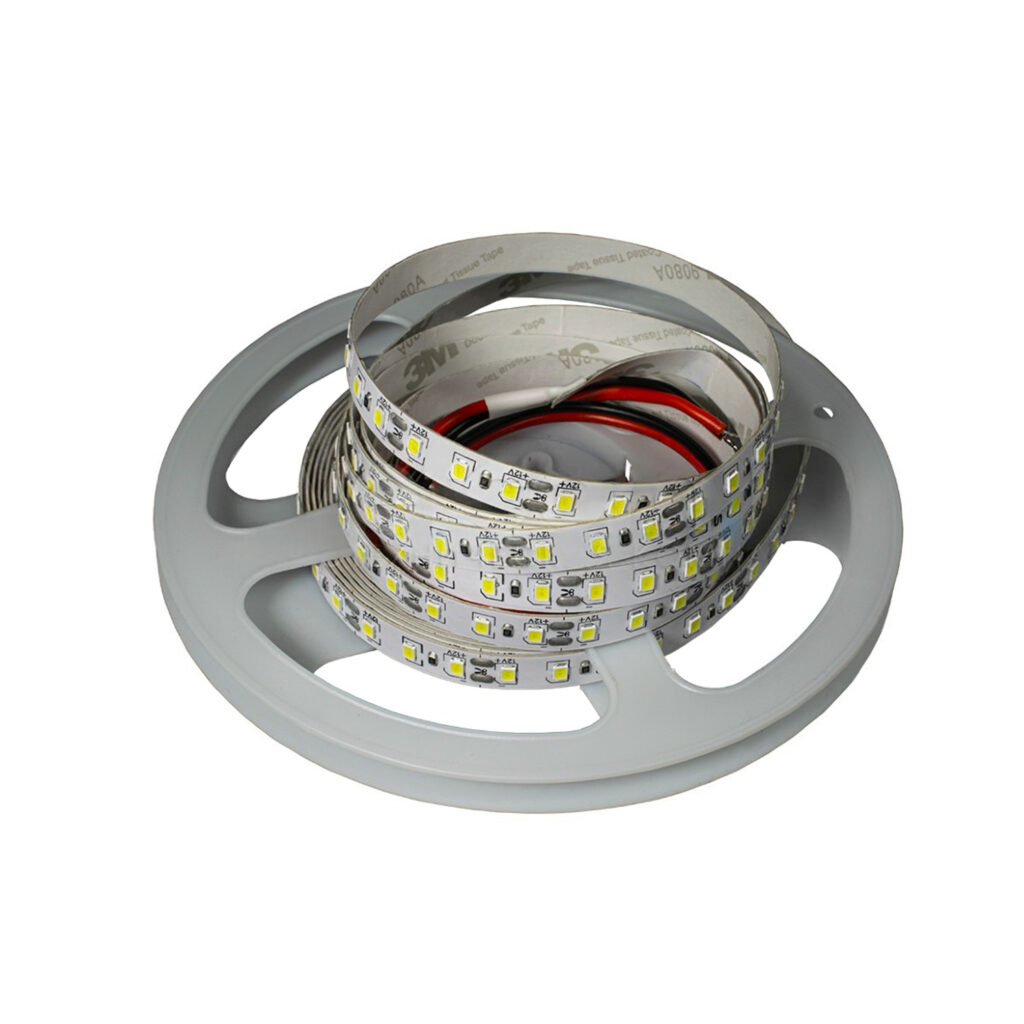 Лента Х2, 2835 IP20, 120LED/м, 6200K, 12В, 9,6Вт/м, 1200Лм/м, CRI больше 80, 5м х 8мм, провод 2 х 0,35мм² L= 25см с двух сторон