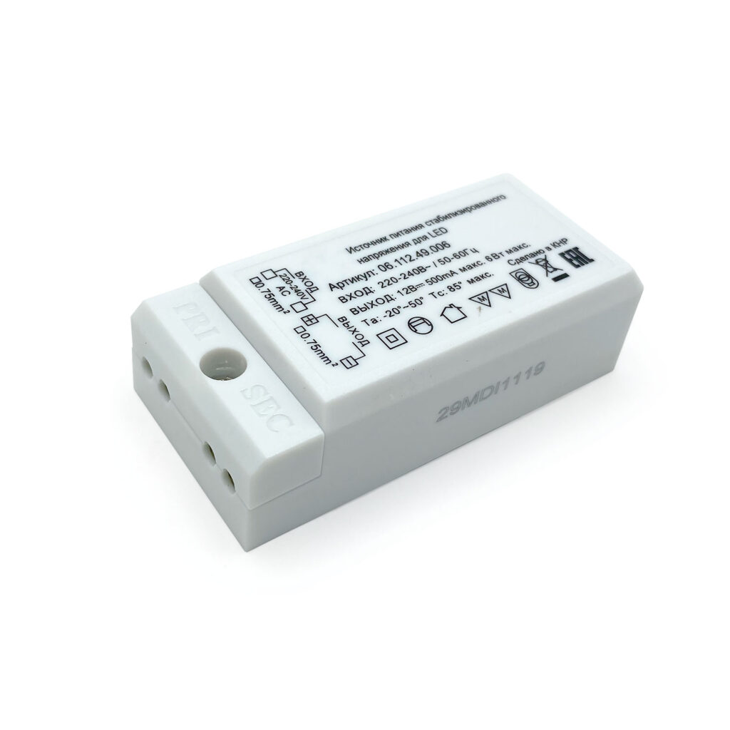 06.112.49.006 Источник питания стабилизатор напряжения для LED 220VAC/12VDC, max 6Вт, пластиковый корпус 68x33x20мм